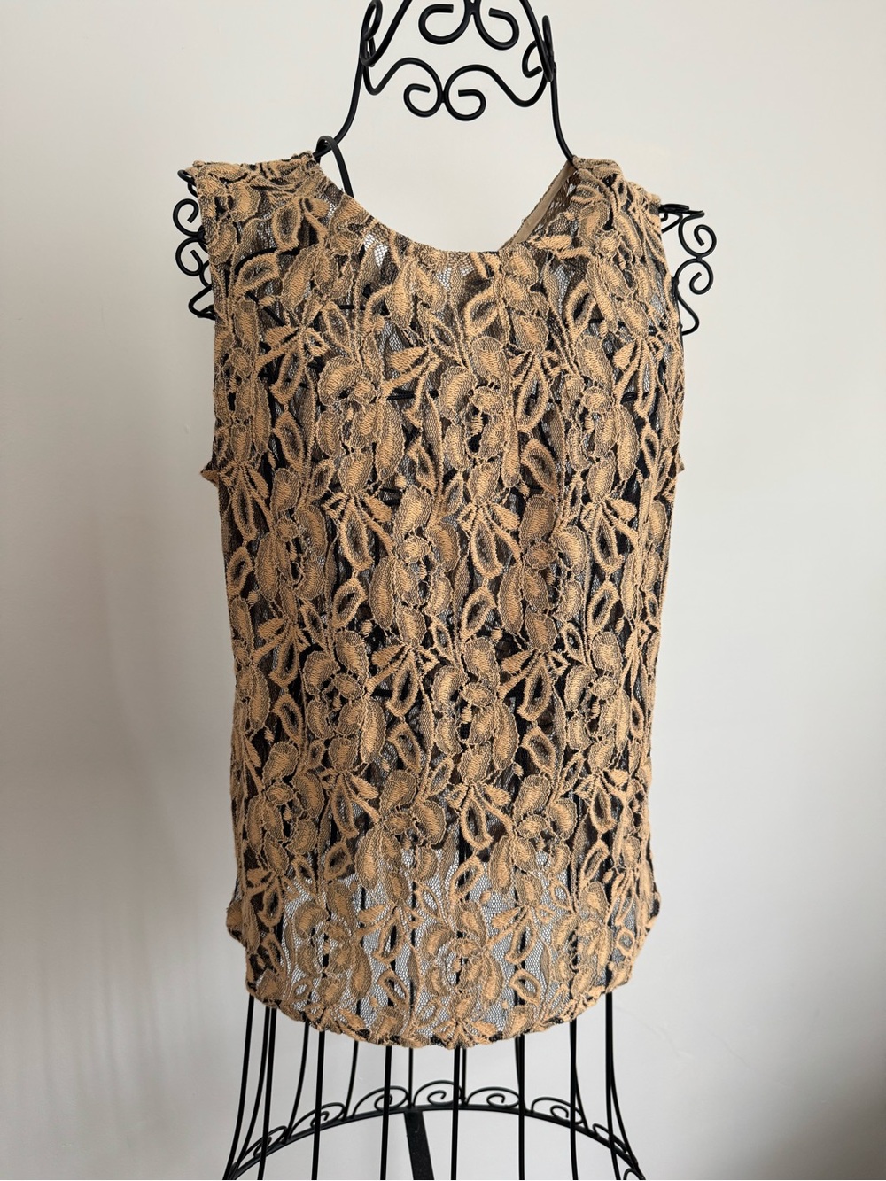 Dark Gold & Black Sleeveless Floral Lace Overlay Top - Sheer